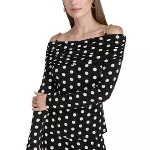 NWT Halston Off Shoulder Dot Gold Chain Strap Knit Blouse- Black/Vanilla, Large